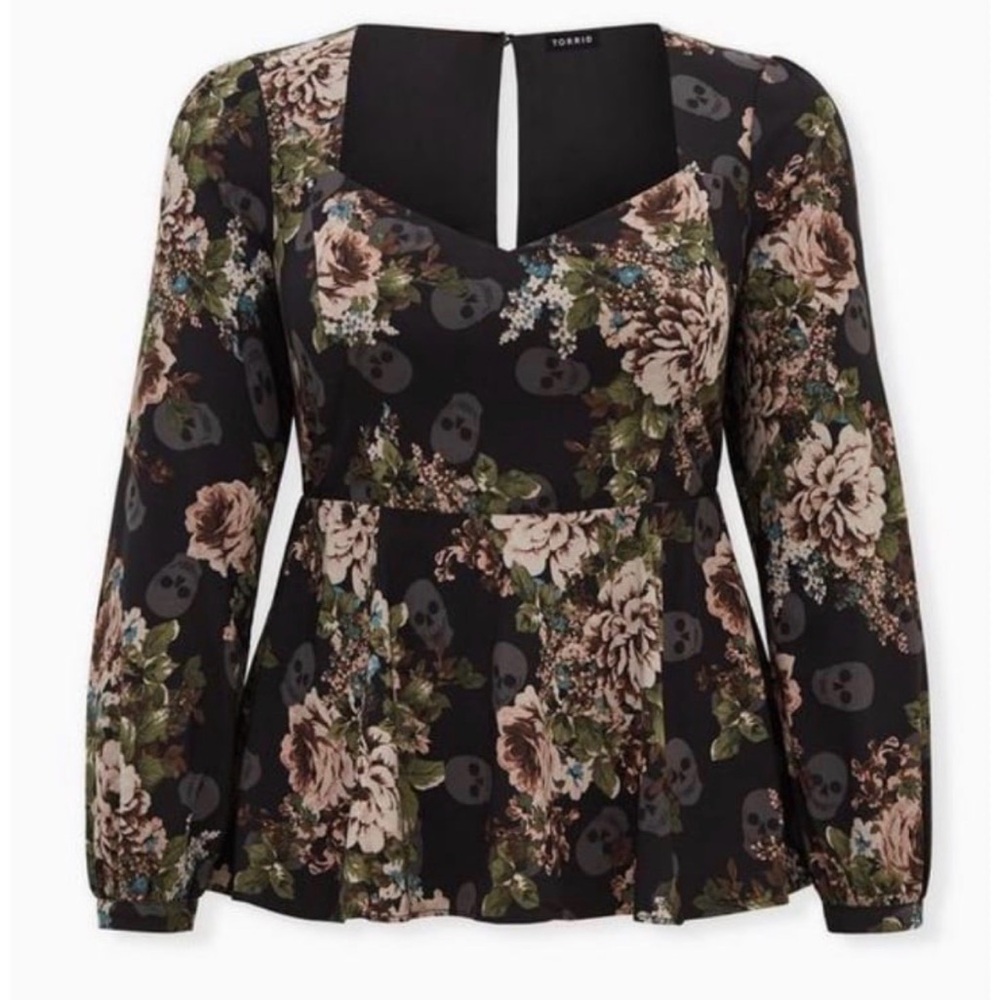 Torrid Black Floral Skull Peplum Crepe Sweetheart Neck Top